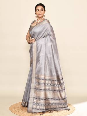 Elora soft silk leaf printed baluchari weaving saree (grey) 4