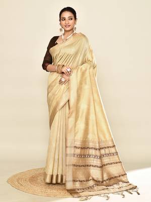 Elora soft silk leaf printed baluchari weaving saree (cream) 1