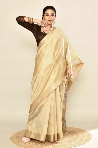 Elora soft silk leaf printed baluchari weaving saree (cream)