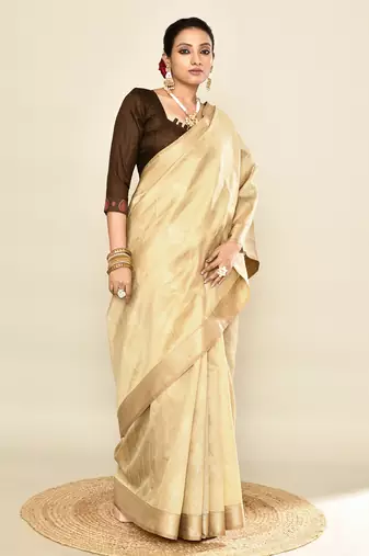 Elora soft silk leaf printed baluchari weaving saree (cream)