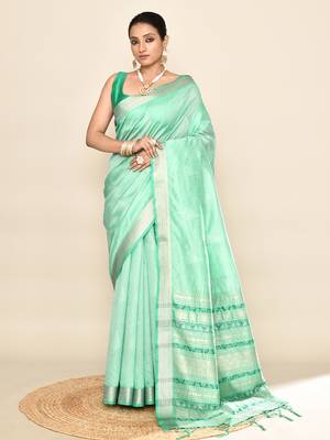 Elora soft silk leaf printed baluchari weaving saree (sea green) 1