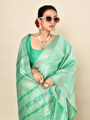 Elora soft silk leaf printed baluchari weaving saree (sea green) 3