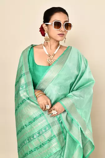Elora soft silk leaf printed baluchari weaving saree (sea green)