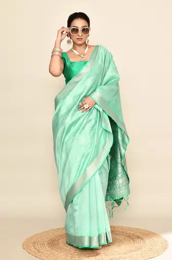 Elora soft silk leaf printed baluchari weaving saree (sea green)