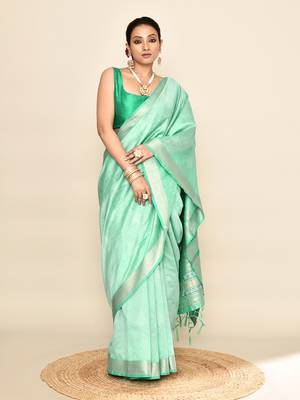 Elora soft silk leaf printed baluchari weaving saree (sea green) 5
