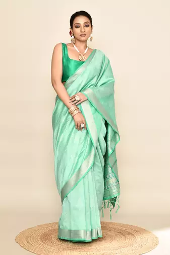 Elora soft silk leaf printed baluchari weaving saree (sea green)
