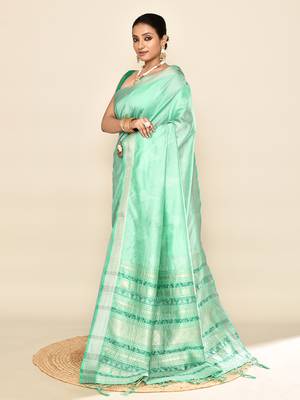 Elora soft silk leaf printed baluchari weaving saree (sea green) 6