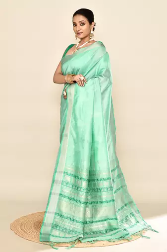 Elora soft silk leaf printed baluchari weaving saree (sea green)