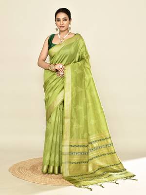 Elora soft silk leaf printed baluchari weaving saree (green) 1