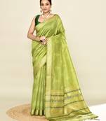 Elora soft silk leaf printed baluchari weaving saree (green)