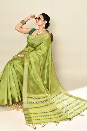 Elora soft silk leaf printed baluchari weaving saree (green)