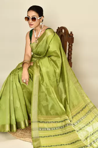 Elora soft silk leaf printed baluchari weaving saree (green)