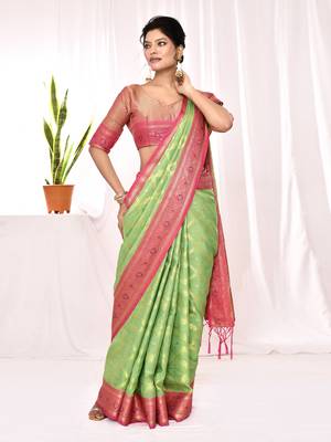 Elora soft silk banarasi woven chex weaving saree (green) 3
