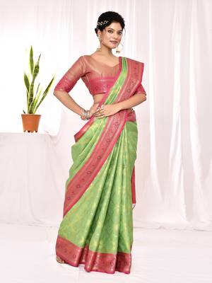 Elora soft silk banarasi woven chex weaving saree (green) 4