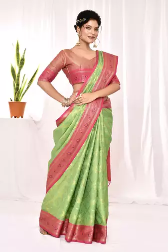 Elora soft silk banarasi woven chex weaving saree (green)