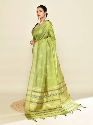 Elora soft silk leaf printed baluchari weaving saree (green) 6