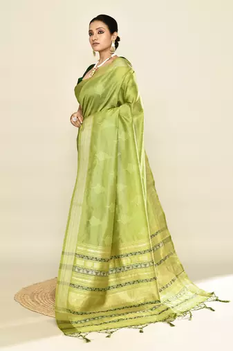 Elora soft silk leaf printed baluchari weaving saree (green)