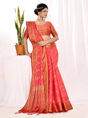 Elora soft silk banarasi woven chex weaving saree (pink) 3