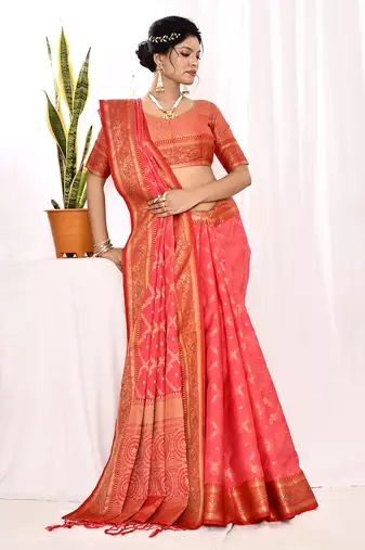Elora soft silk banarasi woven chex weaving saree (pink)