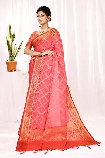Elora soft silk banarasi woven chex weaving saree (pink)