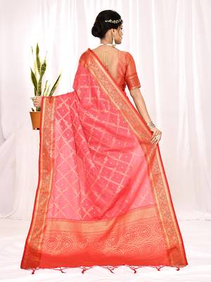 Elora soft silk banarasi woven chex weaving saree (pink) 6