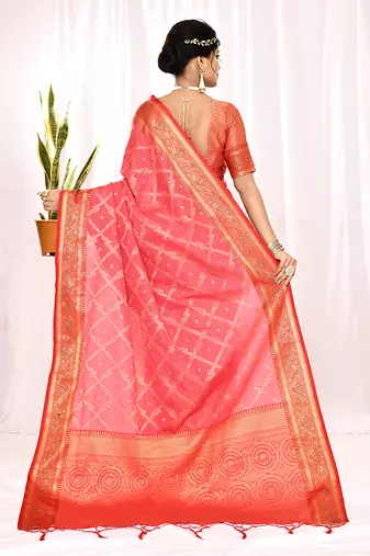 Elora soft silk banarasi woven chex weaving saree (pink)