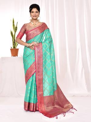 Elora soft silk banarasi woven chex weaving saree (sea green) 1