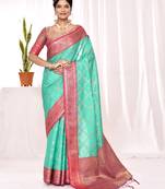 Elora soft silk banarasi woven chex weaving saree (sea green)