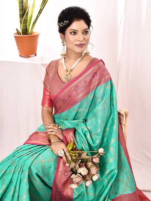 Elora soft silk banarasi woven chex weaving saree (sea green) 3