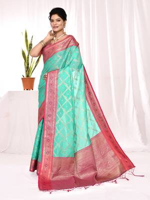Elora soft silk banarasi woven chex weaving saree (sea green) 4