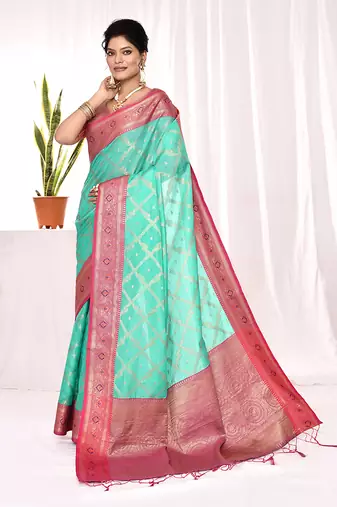 Elora soft silk banarasi woven chex weaving saree (sea green)