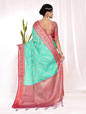 Elora soft silk banarasi woven chex weaving saree (sea green) 5