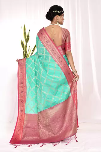 Elora soft silk banarasi woven chex weaving saree (sea green)