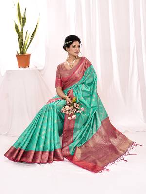 Elora soft silk banarasi woven chex weaving saree (sea green) 6