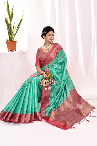 Elora soft silk banarasi woven chex weaving saree (sea green)