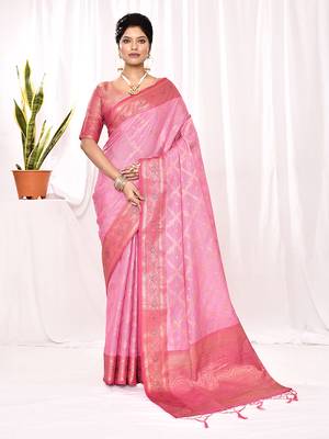 Elora soft silk banarasi woven chex weaving saree (light pink) 1