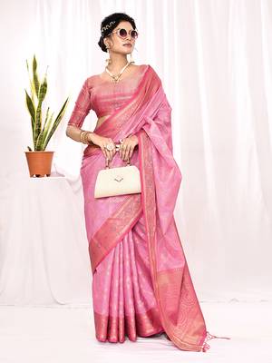 Elora soft silk banarasi woven chex weaving saree (light pink) 3