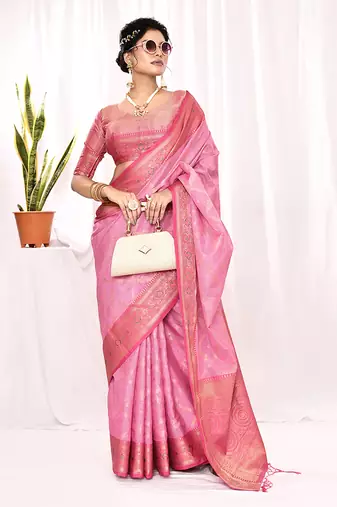 Elora soft silk banarasi woven chex weaving saree (light pink)