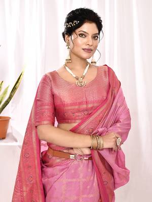 Elora soft silk banarasi woven chex weaving saree (light pink) 4