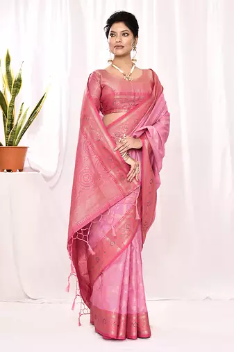 Elora soft silk banarasi woven chex weaving saree (light pink)
