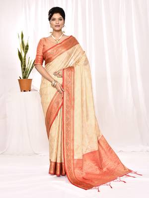 Elora soft silk banarasi woven chex weaving saree (cream) 1