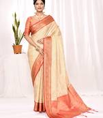 Elora soft silk banarasi woven chex weaving saree (cream)