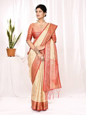 Elora soft silk banarasi woven chex weaving saree (cream) 3