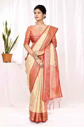Elora soft silk banarasi woven chex weaving saree (cream)