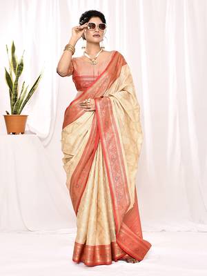 Elora soft silk banarasi woven chex weaving saree (cream) 4