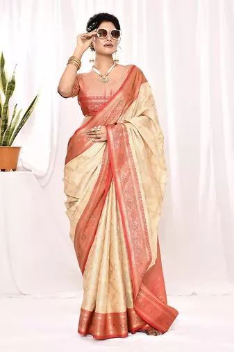 Elora soft silk banarasi woven chex weaving saree (cream)