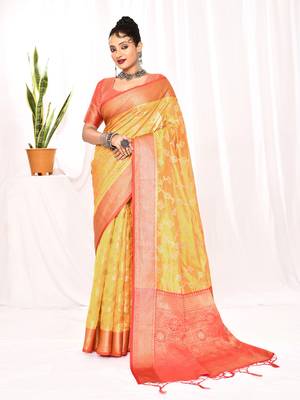 Elora soft silk banarasi woven floral weaving saree (golden yellow) 1