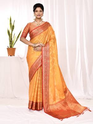 Elora soft silk banarasi woven chex weaving saree (yellow) 1