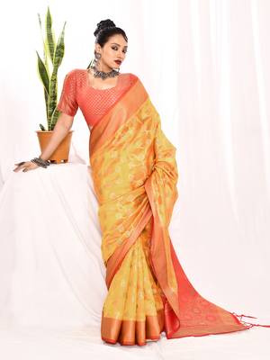 Elora soft silk banarasi woven floral weaving saree (golden yellow) 3