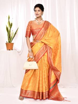 Elora soft silk banarasi woven chex weaving saree (yellow) 3